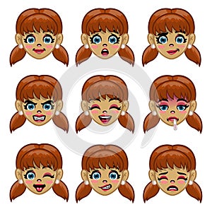 Set of girl face with various face expression in cartoon photo