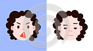 Set girl head emoji personage icon with facial emotions, avatar character, girl censorship and sorrowful face with
