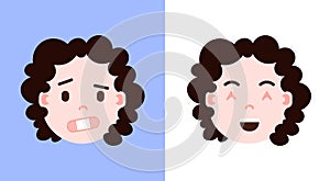 Set girl head emoji personage icon with facial emotions, avatar character, shut up and grieved face with different photo