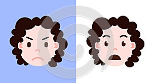 Set girl head emoji personage icon with facial emotions, avatar character, sorrowful and surprised face with different