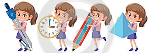 Set of a girl holding different math tools