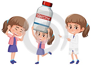 Set of a girl holding different objects vaccine concept