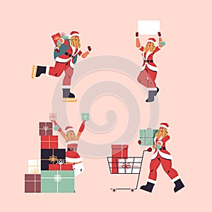 Set girl in santa claus costume preparing for merry christmas and happy new year holiday celebration concept