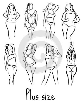 Set Girl silhouette sketch plus size model. Curvy woman symbol. Vector illustration photo