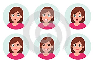 Set of girl/woman facial emotions. Different female emotions set. Woman emoji character with different expressions. Human emotion.