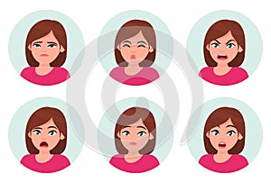 Set of girl/woman facial emotions. Different female emotions set. Woman emoji character with different expressions. Human emotion.