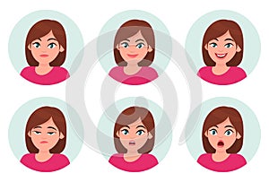 Set of girl/woman facial emotions. Different female emotions set. Woman emoji character with different expressions. Human emotion.