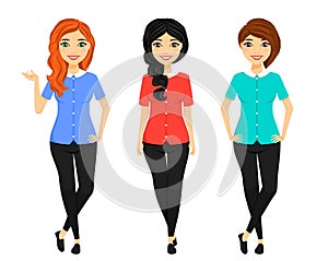 Set, girls with different hairstyles and different hair color. In different poses. Office work. Business and Finance