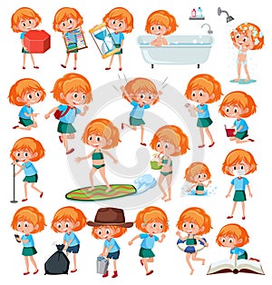 Set of girls doing activitys on white  background