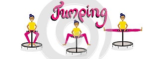 Set of girls jumping on a fitness trampoline isolated on a white background. In the center is the inscription Bouncing