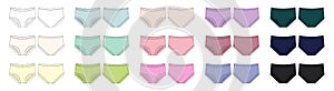 Set of girls knickers technical sketch. Children`s underpants collection. Casual panties isolated template bundle