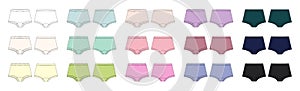 Set of girls knickers technical sketch illustration. Children`s underpants collection