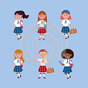 Set of girls students with uniform and backpack