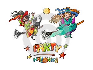 Set girls witches on broom with cats for Children party Halloween. Illustration cheerful humorous young magician and pet