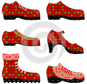 A set of glaA set of drawings of shoes for Christmas with stars. Six differentmorous shoes in pink. Six different types, paper art