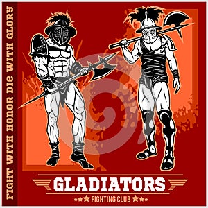 Set of gladiators on red background.
