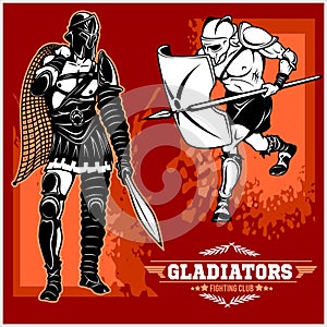 Set of gladiators on red background.
