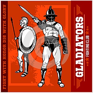 Set of gladiators on red background.