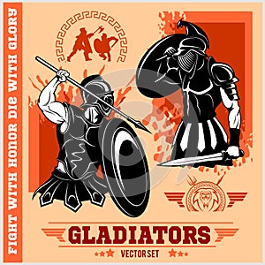 Set of gladiators on red background.