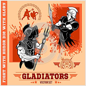 Set of gladiators on red background.