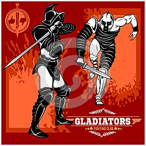 Set of gladiators on red background.