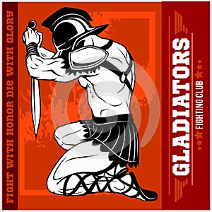 Set of gladiators on red background.