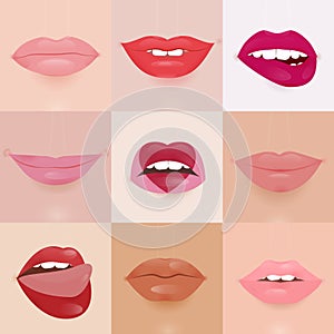Set of glamour lips with different lipstick colors