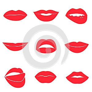 Set of glamour red lips. Beautiful female lips collection