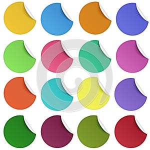 Set of glaring color round paper stickers with edge curl isolated on white background