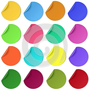 Set of glaring colour round paper sticker with edge curl isolated. Colorful image