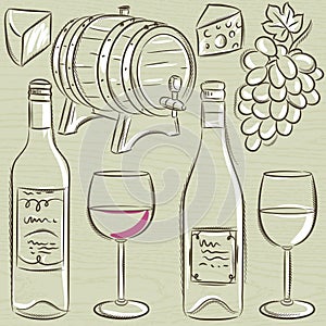 Set of glases and bottles for wine, vector