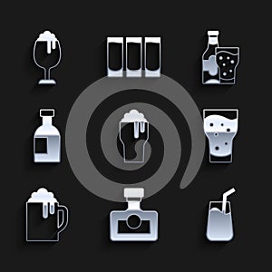 Set Glass of beer, Alcohol drink Rum, Cocktail, Wooden mug, bottle vodka, Beer and glass and icon. Vector