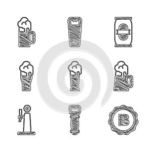 Set Glass of beer, Bottle opener, cap with, Wooden mug, Beer tap, can and icon. Vector