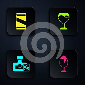 Set Glass of beer, Beer can, Whiskey bottle and glass and Wine. Black square button. Vector