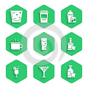 Set Glass of beer, Martini glass, Alcohol drink Rum, Whiskey bottle and, Cocktail, Coffee cup, shaker and rum icon