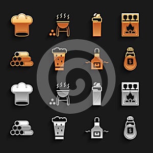 Set Glass of beer, Matchbox and matches, Salt, Kitchen apron, Wooden logs, Lighter, Chef hat and Barbecue grill icon