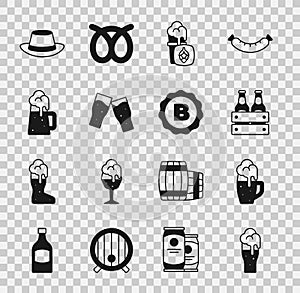 Set Glass of beer, Pack bottles, Wooden mug, Oktoberfest hat and Bottle cap with icon. Vector