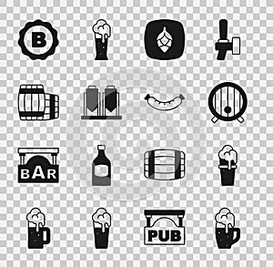 Set Glass of beer, Wooden barrel, Hop, Beer brewing process, Bottle cap with and Sausage icon. Vector