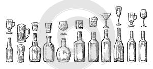 Set glass and bottle beer, whiskey, wine, gin, rum, tequila, champagne, cocktail