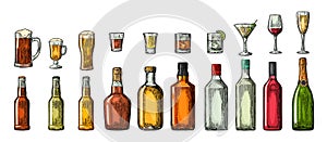 Set glass and bottle beer, whiskey, wine, gin, rum, tequila, cognac, champagne, cocktail, grog. photo