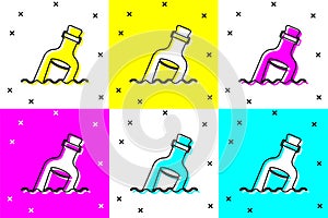 Set Glass bottle with a message in water icon isolated on color background. Letter in the bottle. Pirates symbol. Vector