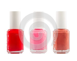 Set glass bottle of nail polish isolated on white background.