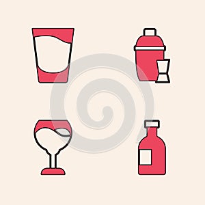 Set Glass bottle of vodka, Shot glass, Cocktail shaker and Wine icon. Vector