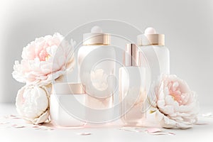 A set of glass bottles of cosmetics with beautiful pink flowers