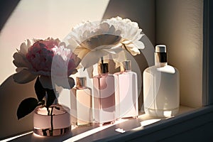 A set of glass bottles of cosmetics with beautiful pink flowers