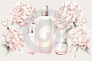 A set of glass bottles of cosmetics with beautiful pink flowers