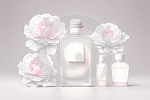 A set of glass bottles of cosmetics with beautiful pink flowers