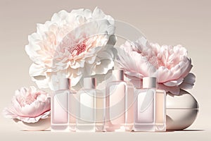 A set of glass bottles of cosmetics with beautiful pink flowers