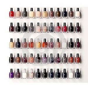 Set of glass bottles of different colors, nail polish on a white background. Top view.