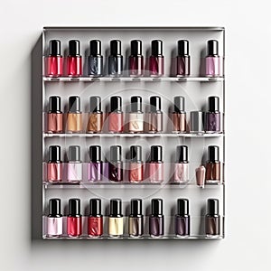 Set of glass bottles of different colors, nail polish on a white background. Top view.